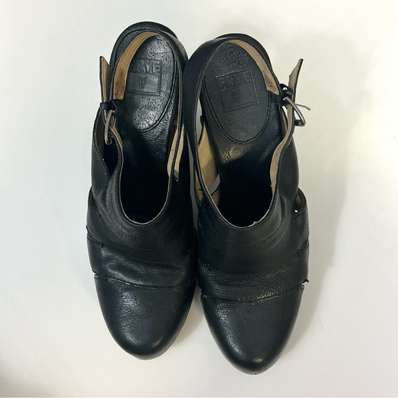 Frye Black Flora Stitch Leather Stacked Heel Slingback Clog Heels - Picture 3 of 6